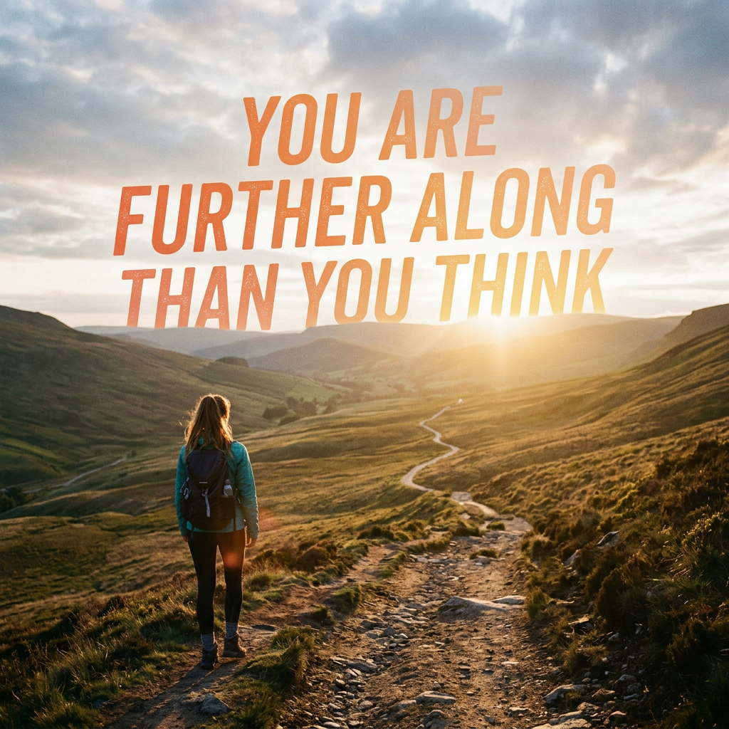Hiker on a mountain trail at sunset with text 'You are further along than you think'